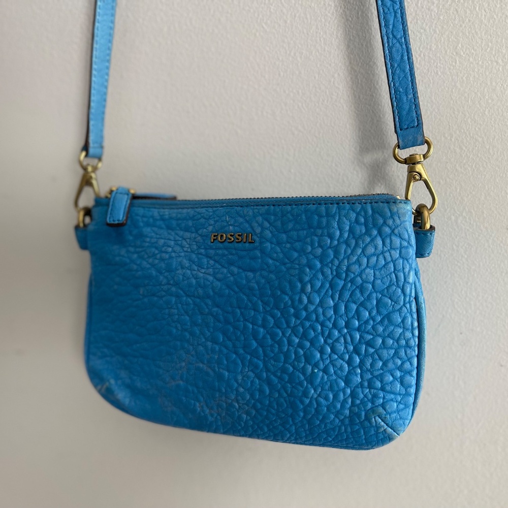 Fossil Memoir Pebbled Leather Sky Blue Crossbody Bag Turquoise Purse Coastal - Picture 14 of 16